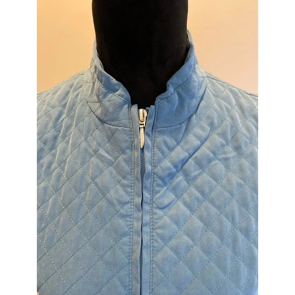 Talbots Vest Quilted Lined Size Medium Steel Blue Full Zipper Pockets Drawstring